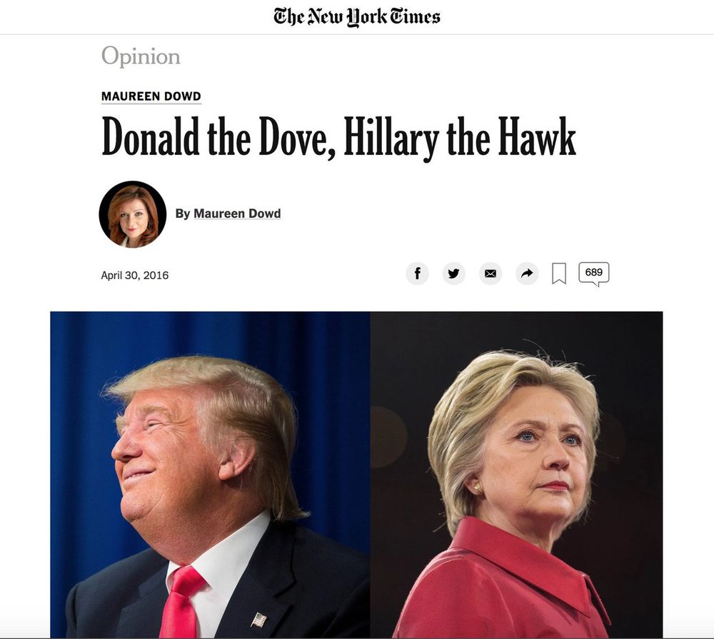 Screenshot of 2016 Maureen Down NYT Oped “Donald the Dove, Hillary the Hawk”