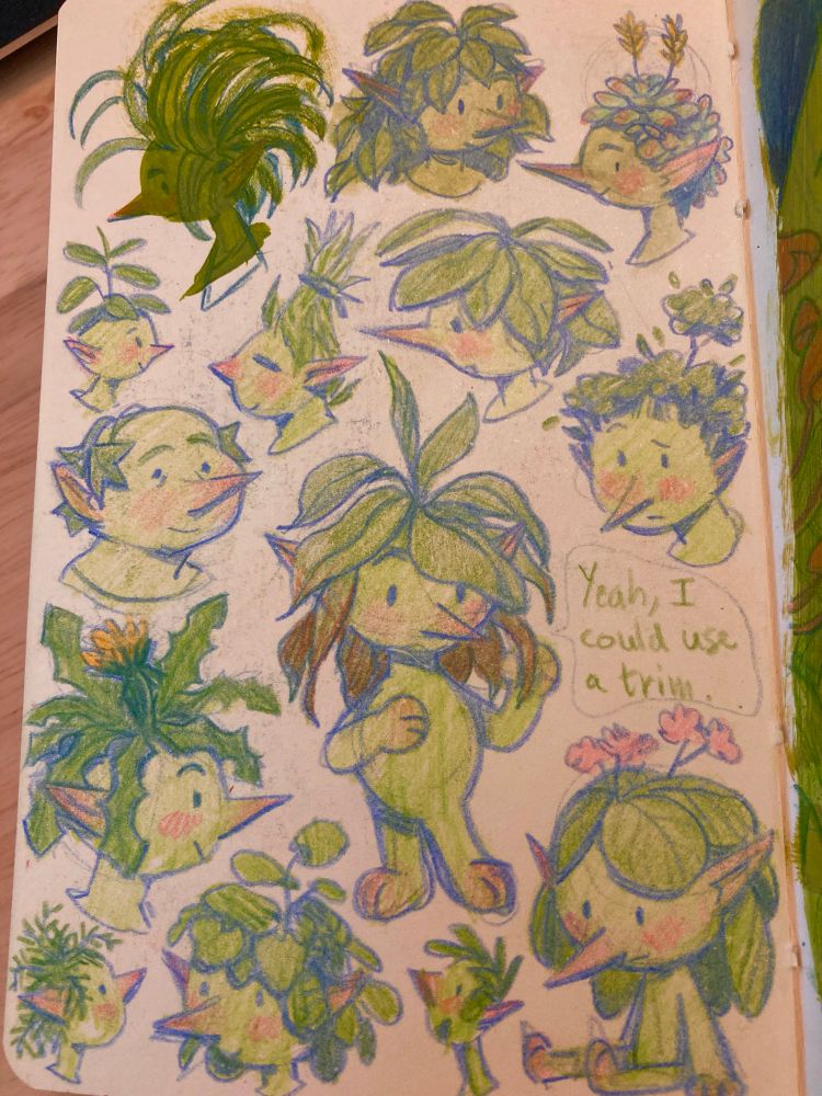 A sketchbook page filled with drawings of cute little green characters with various plants growing out of their heads. Made by Anna Daviscourt.