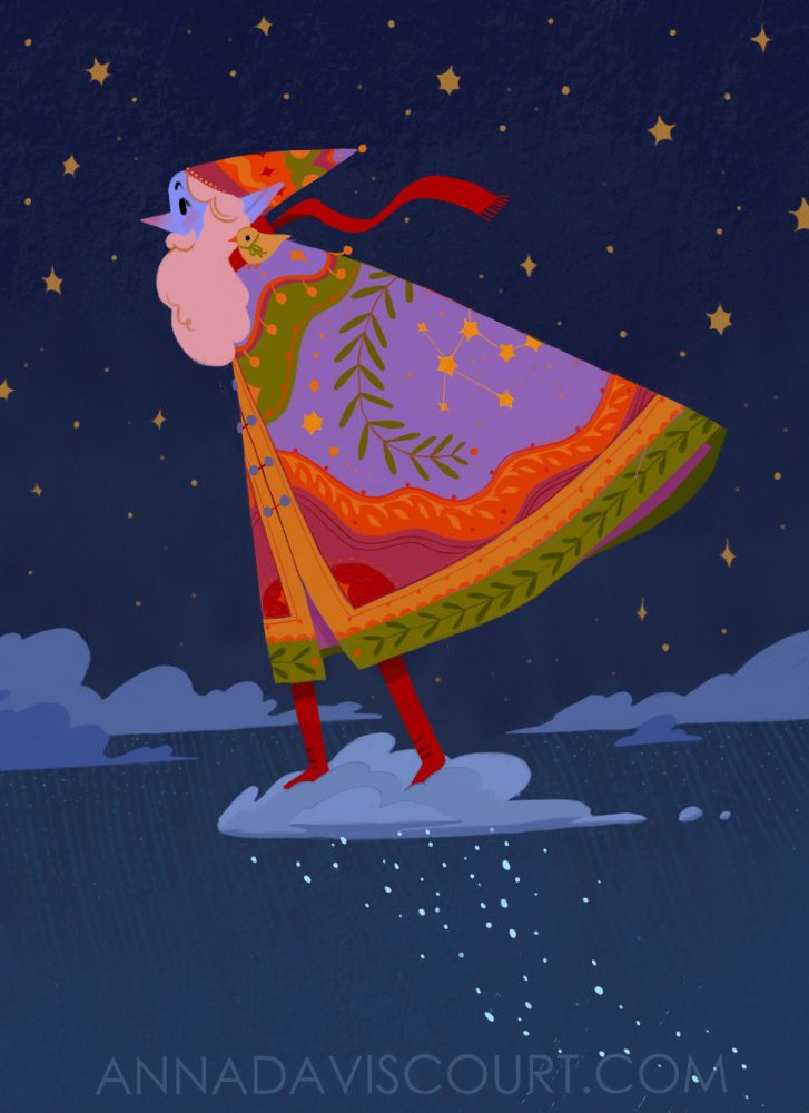A bearded wizard riding a cloud on a dark night with a little bird on their shoulder. They wear a ornate and colorful cape with a constellation on the back. Watermark: annadaviscourt.com