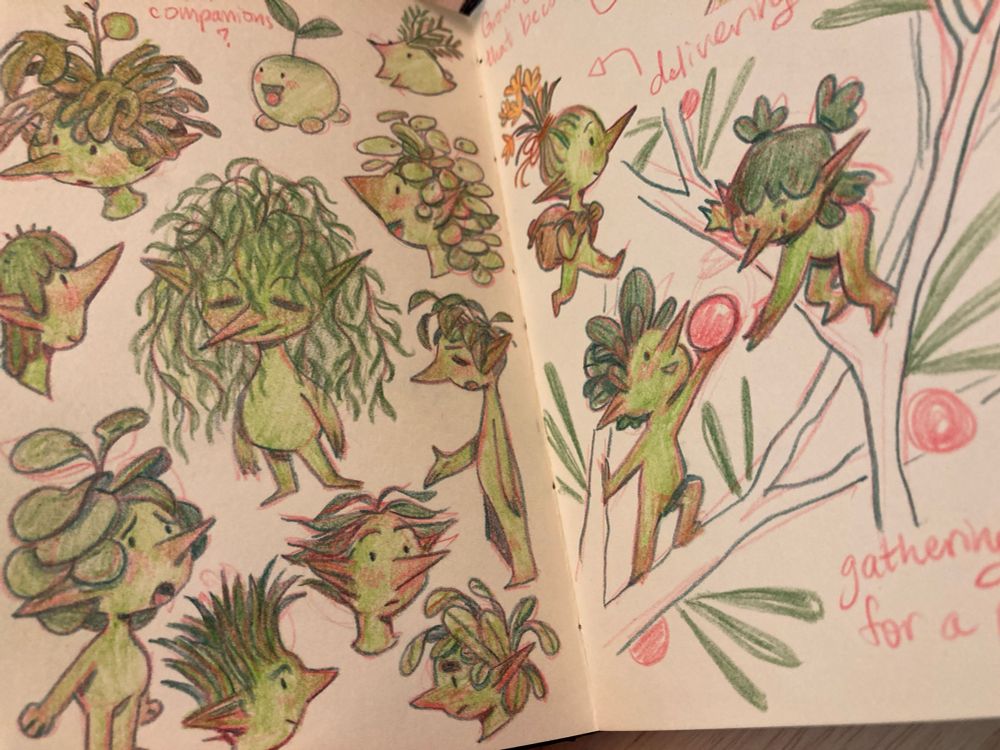 A sketchbook spread filled with drawings for cute little green characters with various plants growing out of their heads. Made by Anna Daviscourt.