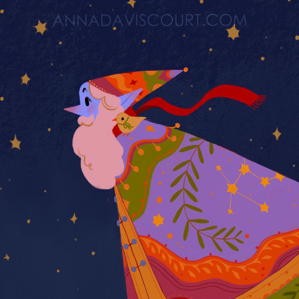 A close up of a profile of a bearded wizard with a little bird on their shoulder. They wear a ornate and colorful cape with a constellation on the back. Watermark: annadaviscourt.com