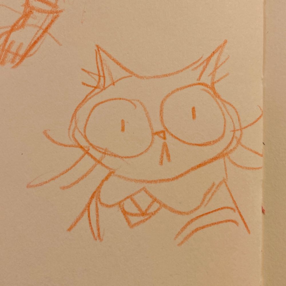 A sketch of an anthropomorphized cat looking at you with a perplexed expression . Extra cute and wobbly.