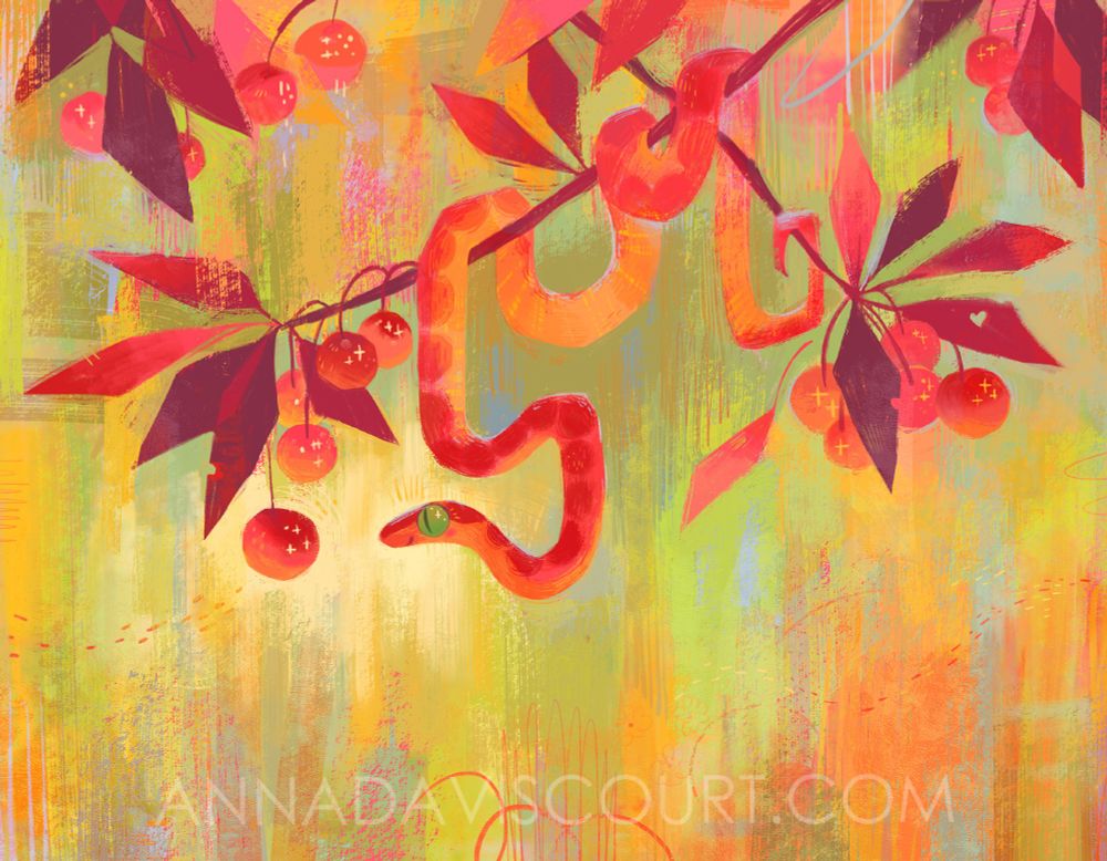 A colorful digital painting of a cute red and orange snake hanging from a branch and looking excitedly at a juicy red cherry against a mostly green multicolored textural background. Watermark: AnnaDaviscourt.com