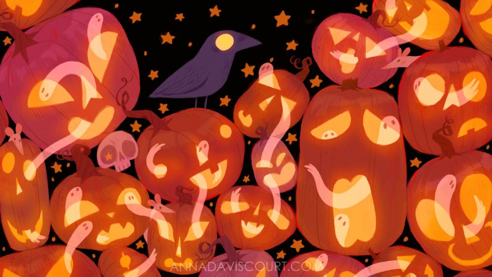 A pile of glowing jack-o-lanterns with small ghosts flying through their eyes, in the center a crow sits atop with a brightly glowing eye. The background is dark with gold stars. There are little bits to find among the pumpkins, namely three rats and a skull. Orange and black are the dominant colors. Spooky.