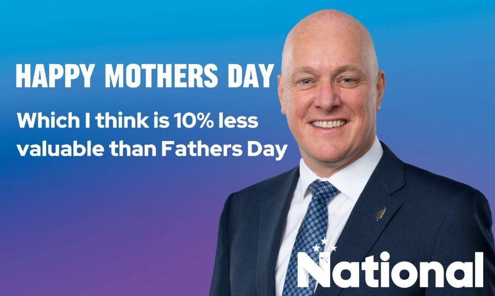 A smiling Luxon with the text "Happy Mother's Day. Which I think is 10% less valuable than Father's Day."