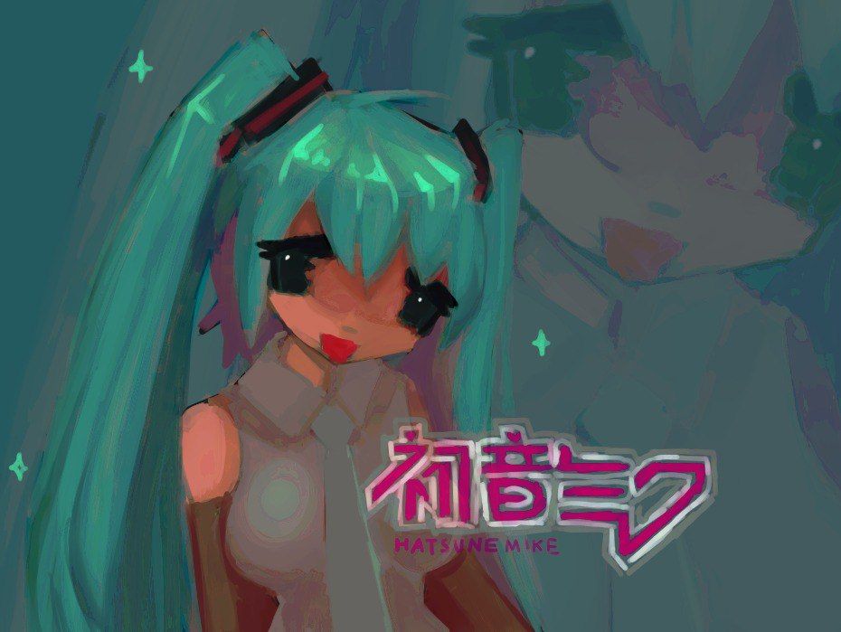 dark cyan background, a girl (hatsune miku) with slightly brighter cyan pigtails is portrayed. her face is in anime style. theres a magenta label near her that says her name.
