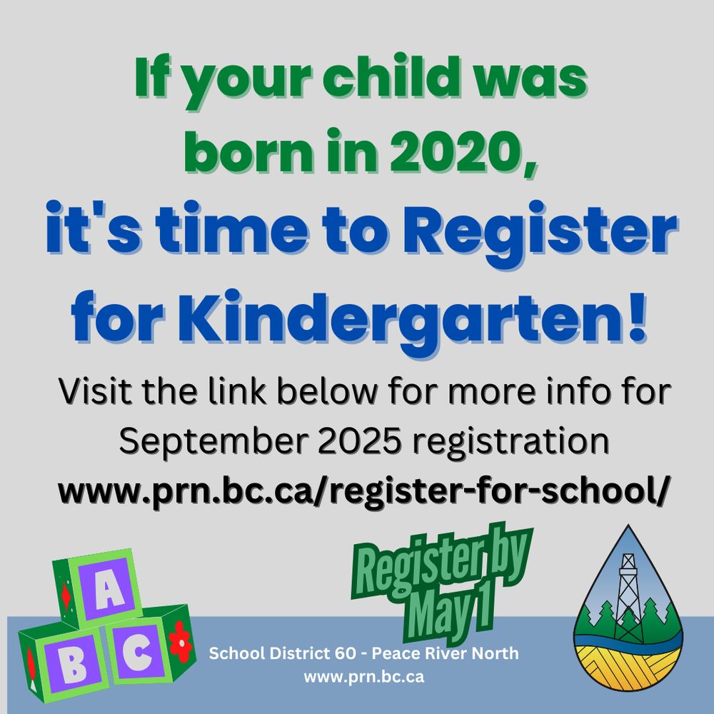 Register now for Kindergarten to participate in spring events and to secure your seat in your home school. New student registrations are due by May 1. https://www.prn.bc.ca/register-for-school/  #sd60 