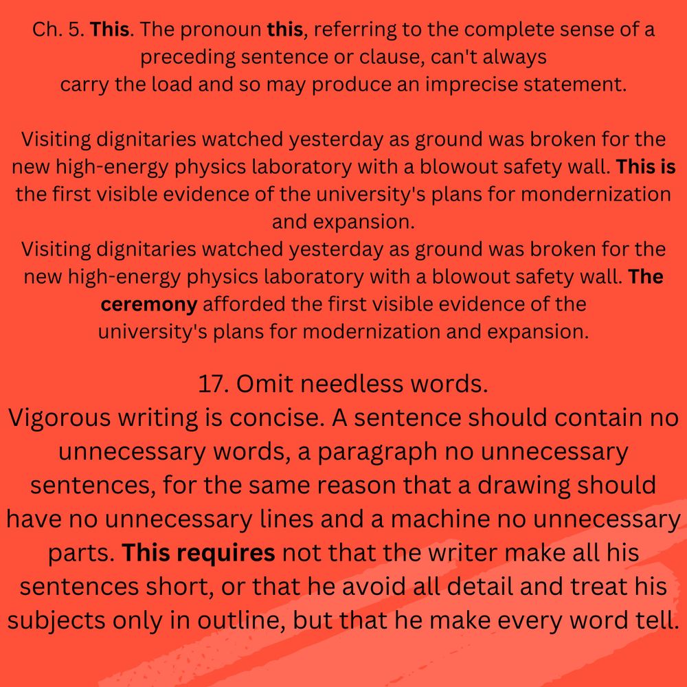 Ch. 5. This. The pronoun this, referring to the complete sense of a preceding sentence or clause, can't always
carry the load and so may produce an imprecise statement.

Visiting dignitaries watched yesterday as ground was broken for the new high-energy physics laboratory with a blowout safety wall. This is the first visible evidence of the university's plans for mondernization and expansion.
Visiting dignitaries watched yesterday as ground was broken for the new high-energy physics laboratory with a blowout safety wall. The ceremony afforded the first visible evidence of the
university's plans for modernization and expansion.
