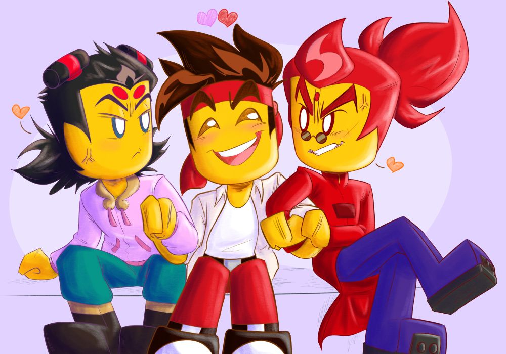 MK sitting holding hands with both Nezha and Red Son looking smiley, Nezha and Ted Son are glaring at each other. 
MK has a pink heart and a red heart over his head. Nezha and Red Son both have orange hearts next to them. 