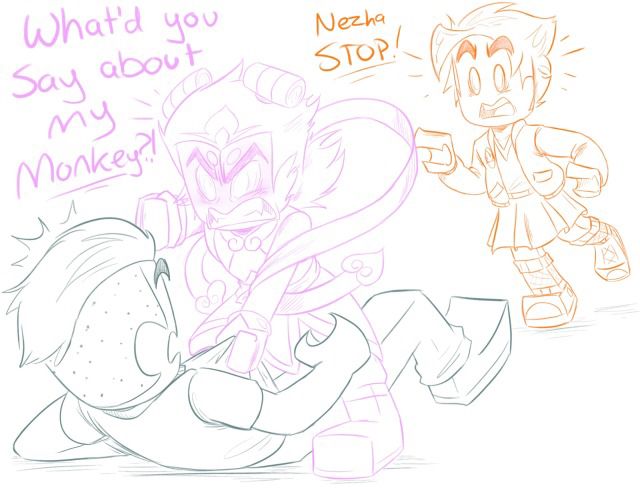 Baby Nezha has a person pinned, grabbing the front of his shirt and pulling his first back to strike. He shouts, “What’d you say about my monkey?!”
Behind him MK who has his hair down and is wearing a skirt and knee high socks is running forward looking distressed. He shouts, “Nezha, stop!”