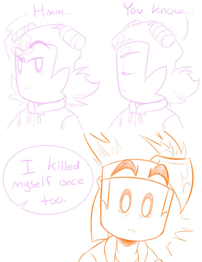 Panel 1: Nezha looks at MK quizzically.
Nezha: Hmm…
Panel 2: Nezha turns away, looking resolute.
Nezha: You know…
Panel 3: Closeup of MK looking shocked.
Nezha: I killed myself once too.