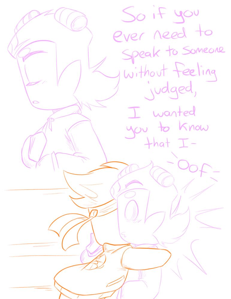 Panel 1: Nezha looking down with his eyes closed.
Nezha: So if you ever need to speak to someone without feeling judged, I wanted you to know that I-
Panel 2: MK rushing to hug Nezha, cutting him off.
Nezha: -oof-