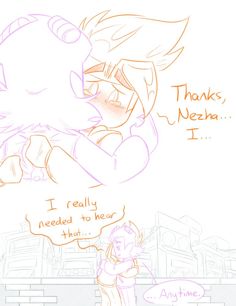 Panel 1: Closeup of MK from over Nezha’s shoulder, tears in his eyes as he hugs him.
MK: Thanks, Nezha… I…
Panel 2: View of the two hugging with city street in background again.
MK: I really needed to hear that…
Nezha: …Anytime.