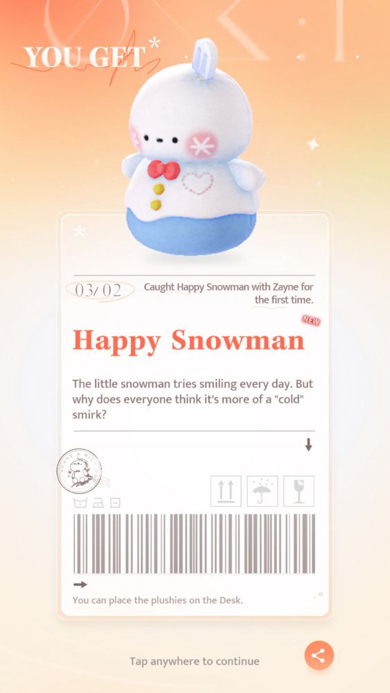 Happy Snowman plushie from Love and Deepspace with the description “The little snowman tries smiling every day. But why does everyone think it's more of a "cold" smirk?”