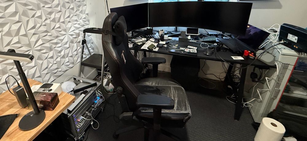 A messy YouTube studio/office