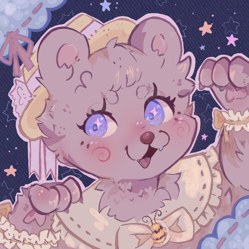 A picture of the face of a happy bear wearing a hat and a bow