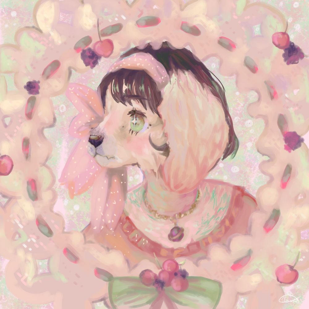 An antropomorphic dog girl with short hair, looking soft and vintage, in a frame with cherries and laces.