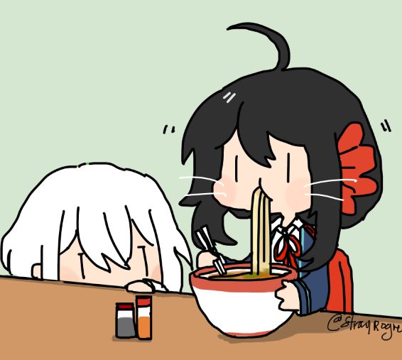 a chibi watches another chibi eat noodles