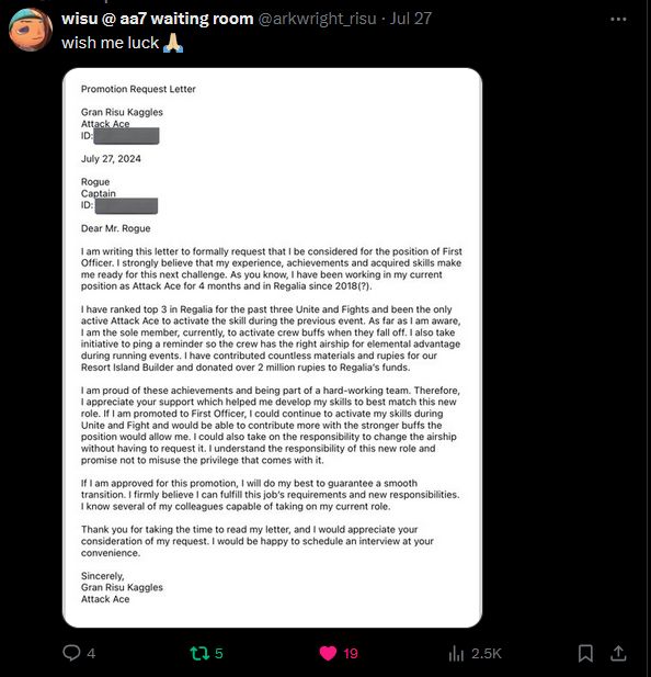 My crew member for gbf sent me an entire letter for a FO promotion