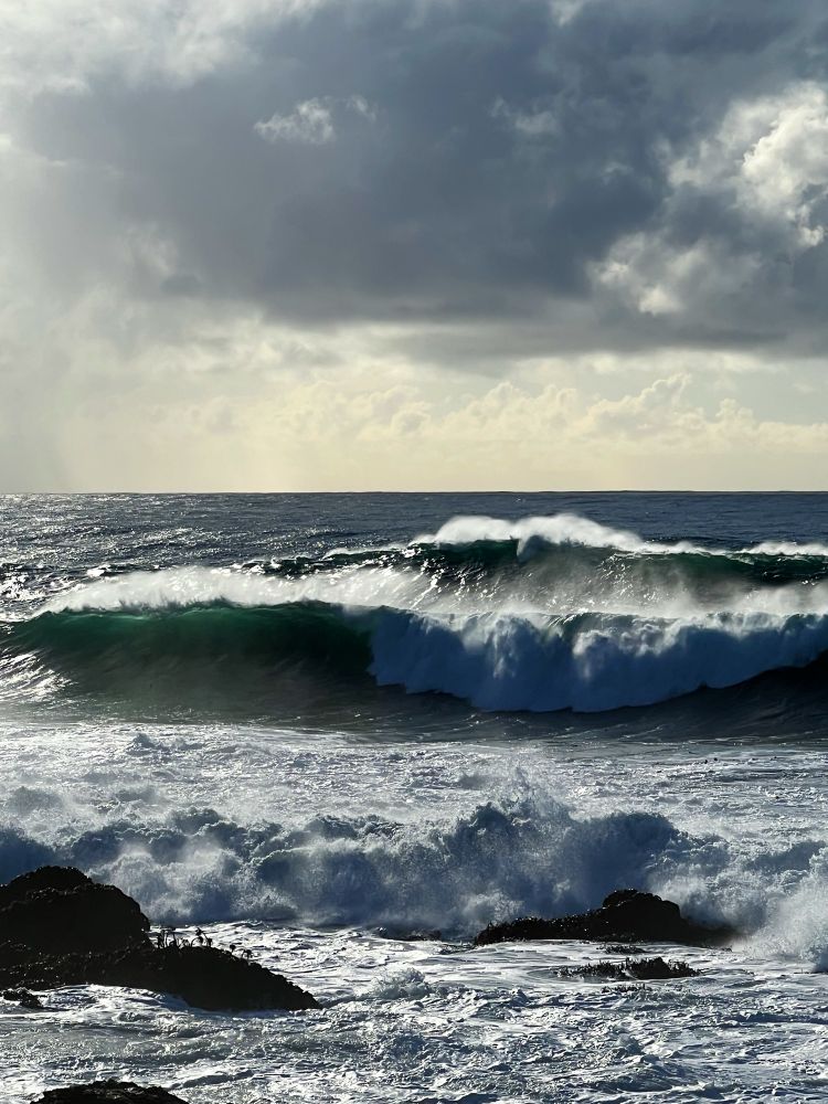Dramatic lighting frames waves breaking in the first winter swell