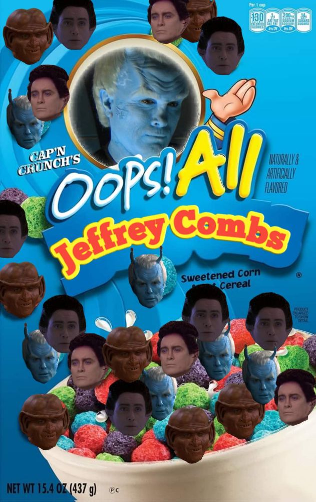 A package of cereal called "Oops! All Jeffrey Combs" which shows the many characters played by the actor Jeffrey Combs in various series of Star Trek