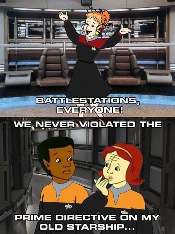 Ms Frizzle from The Magic School Bus franchise, dressed and Captain Katherine Janeway from the series Star Trek Voyager, declaring "Battlestations everyone!" while two of her class, dressed as Tuvok and Torres, muse that they "never broke the prime directive on my old starship"