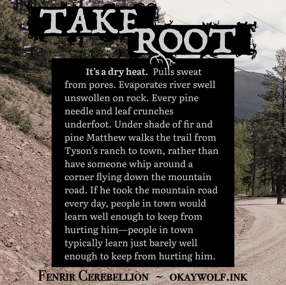 On a background of a curve in a dirt road, text reads:
Take Root
It’s a dry heat. Pulls sweat from pores. Evaporates river swell unswollen on rock. Every pine needle and leaf crunches underfoot. Under shade of fir and pine Matthew walks the trail from Tyson's ranch to town, rather than have someone whip around a corner flying down the mountain road. If he took the mountain road every day, people in town would learn well enough to keep from hurting him—people in town typically learn just barely well enough to keep from hurting him.
Fenrir Cerebellion
okaywolf.ink