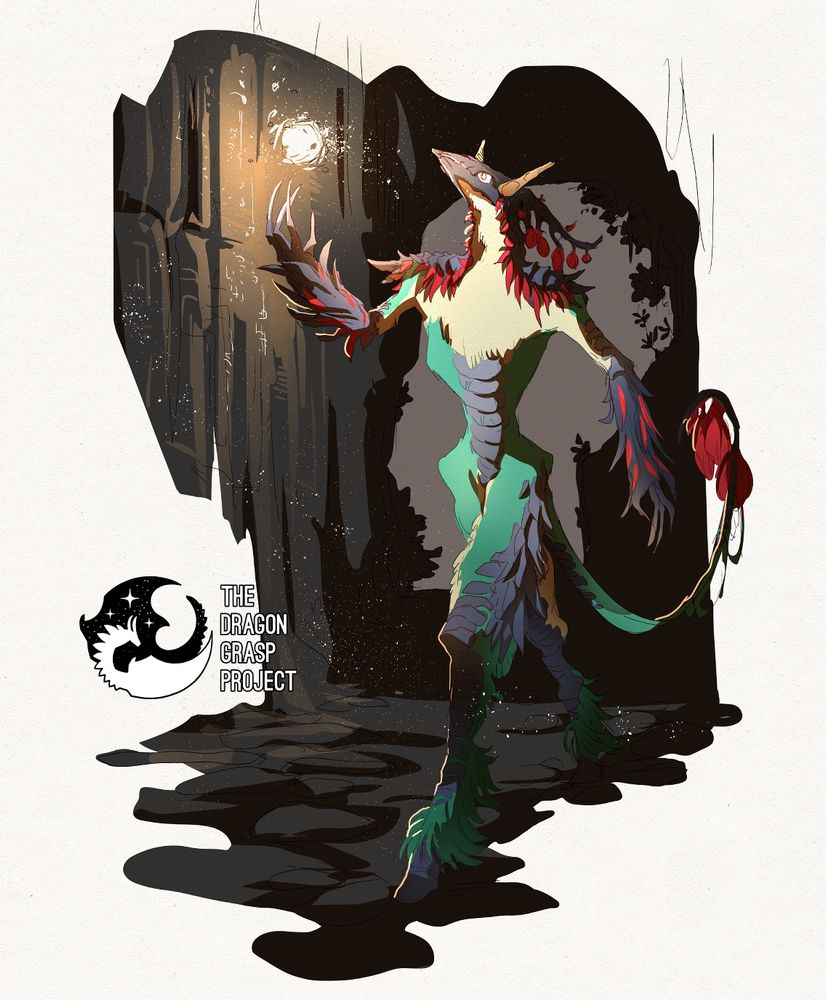 Digital artwork. An anthropomorphic, slender creature made of branches, covered in leaves and red flower bits, with a head shaped like a dear skull and long ears, explores a cave. A ball of light lits its way.
