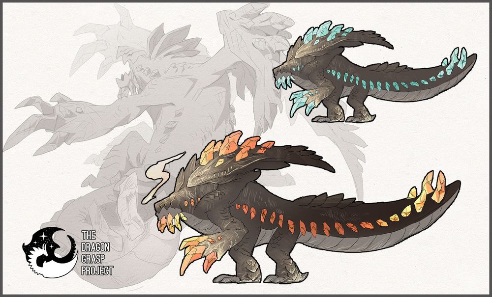 Digital artwork. We see the big dragon-like monster on the side, standing on four legs. There are two versions: one with their crystals colored in a gradient of blue, and one with their crystals colored in a gradient of orange, with a plume of smoke escaping their snout. In the background, there is a black and white sketch of the monster seen from behind, raising its two front arms, roaring and swaying their tail.