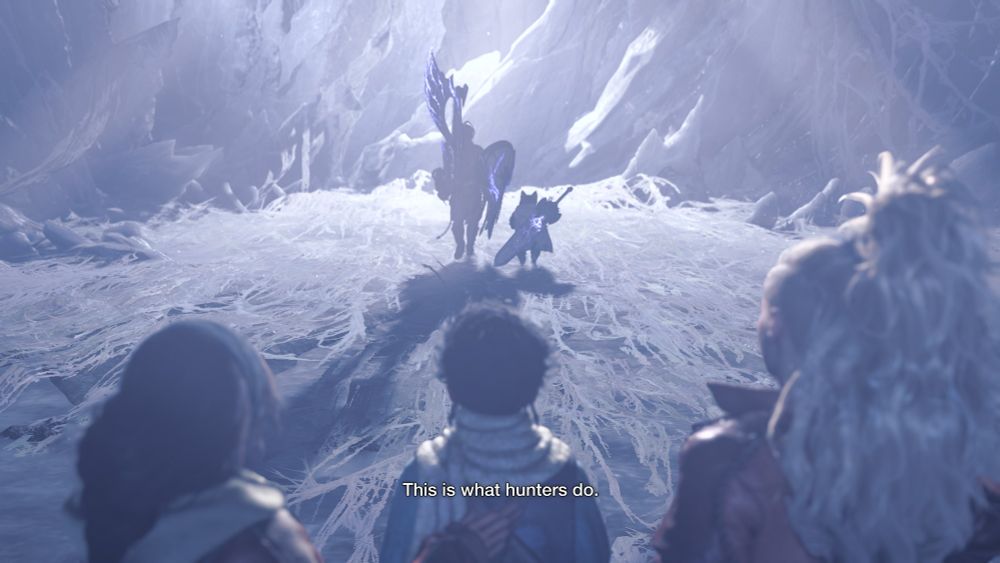 Screenshot of Monster Hunter Wilds. We see Alma, Nata and Gemma looking at the Hunter and his palico walking toward the light. Alma says "This is what hunters do."