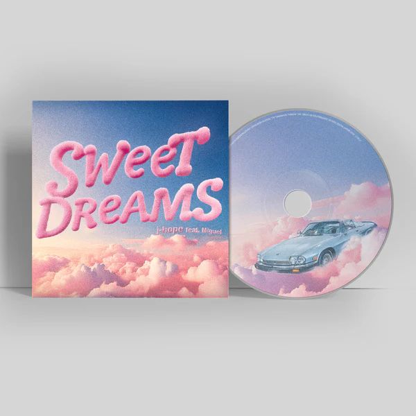 picture of new j-hope single CD and case: CD says Sweet Dreams in pink clouds, CD has convertible w/ j-hope in it in pink tinted clouds