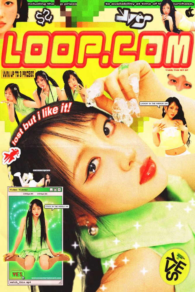 a vibrant graphic for yve's 1st ep 'loop' resembling the cover of a japanese fashion / idol magazine. it features photos of yves scattered around the page, in a website media player box, wearing a green outfit. there are speech bubbles of lyrics from loop and stickers from the album inclusions. the giant bubble text reads loop.com.