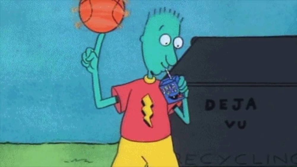 Image of Skeeter Valentine from the Nickelodeon series Doug drinking a juice box and spinning a basketball on his finger. He’s dressed in his regular outfit with the lightning bolt tshirt. 
