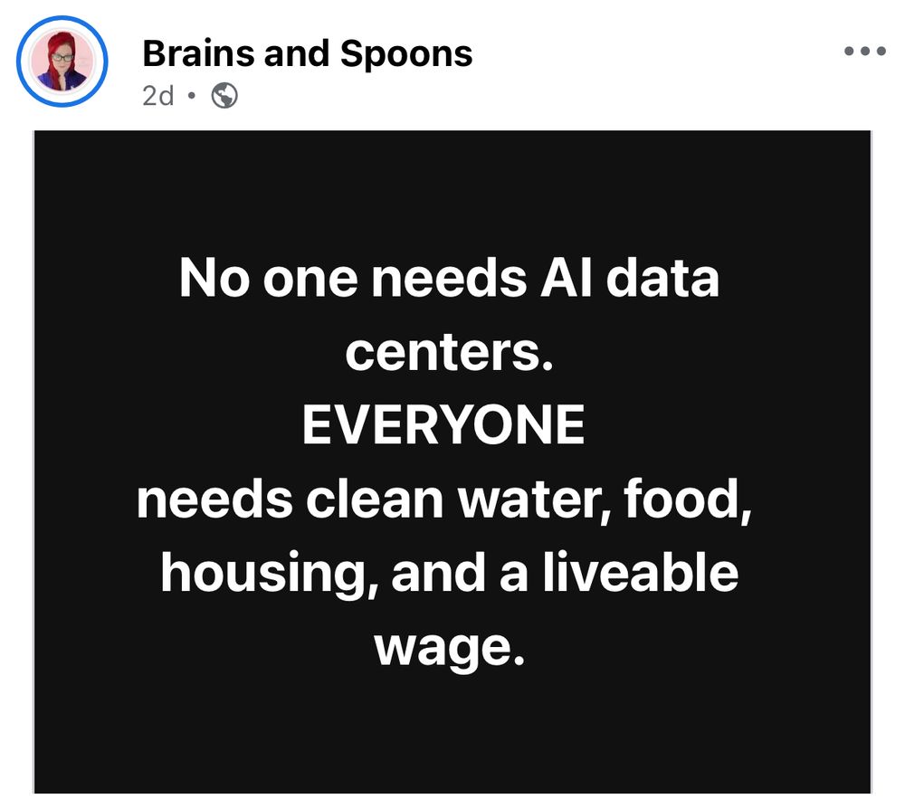 Screenshot of Facebook user Brains and Spoons account: [black background with white writing] No one needs AI data centers. EVERYONE needs clean water, food, housing, and a liveable wage.
