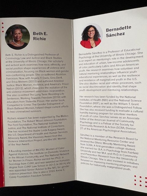 Interior of the program booklet with headshot images and longer bios of Prof. Sánchez and Prof. Richie