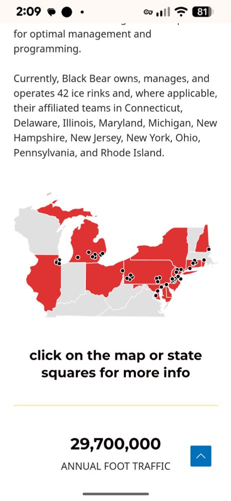A map of the United States showing a venture capitalists ownership of hockey rinks