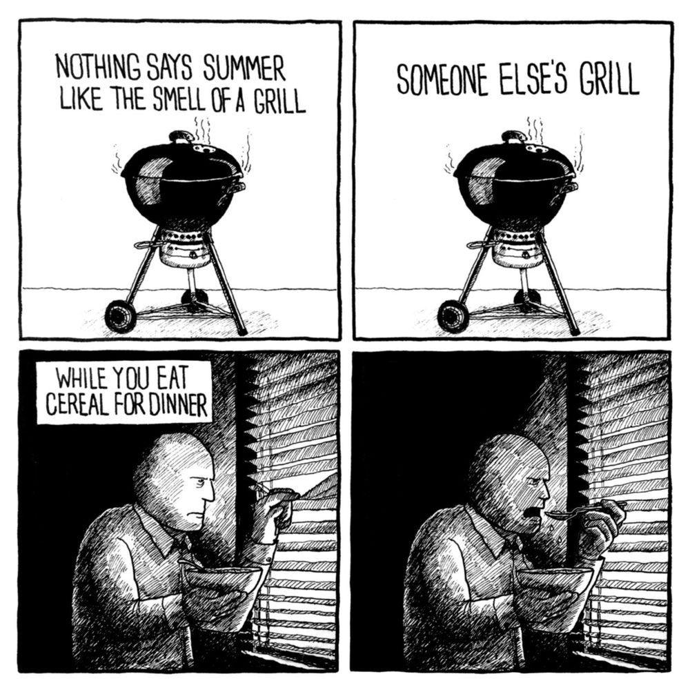 Jake likes onions cartoon w a peeping tom peeking wistfully thru his blinds & bitterly eating cereal as his neighbor cooks delicious smelling meat on the grill