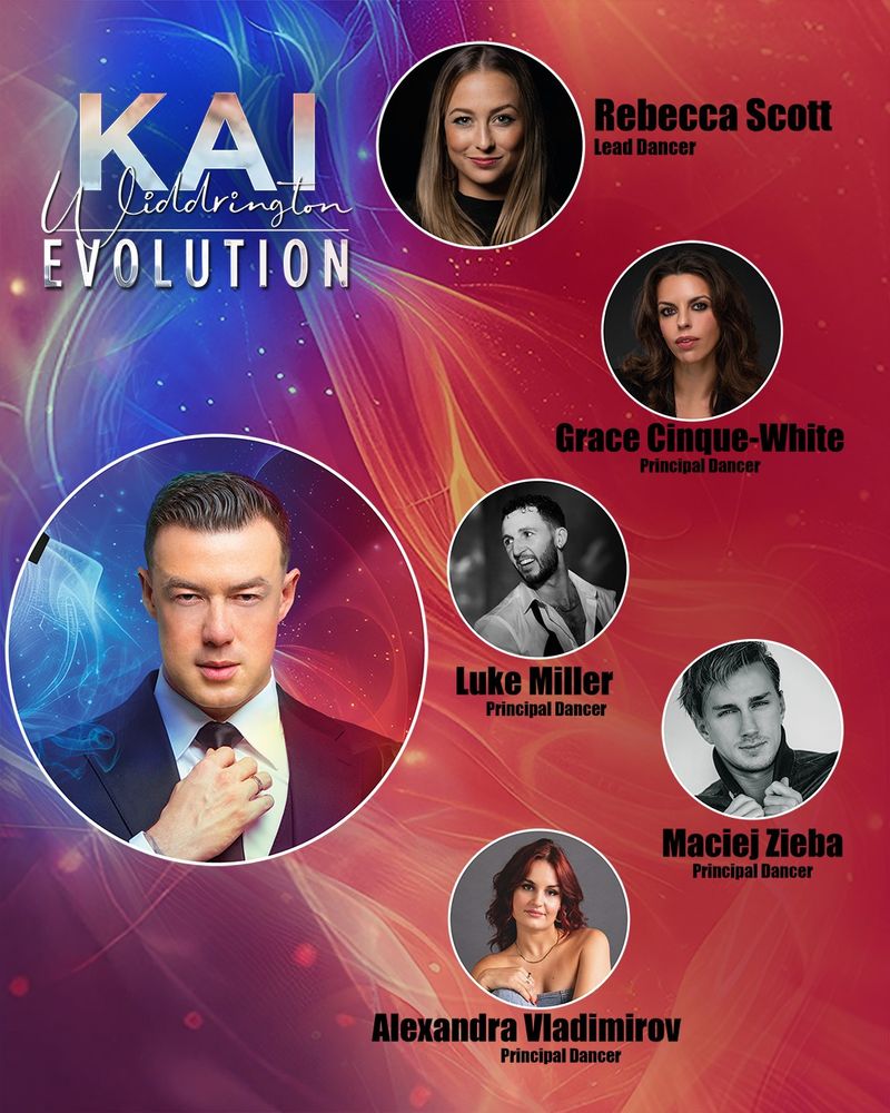 Promotional poster for Kai Widdrington: Evolution, featuring a portrait of Kai Widdrington in a suit at the centre, surrounded by circular headshots of five dancers on a vibrant, flowing background of blue, red, and orange. The dancers include Rebecca Scott (Lead Dancer), Grace Cinque-White, Luke Miller, Maciej Zieba, and Alexandra Vladimirov (all Principal Dancers), each named with bold black text.