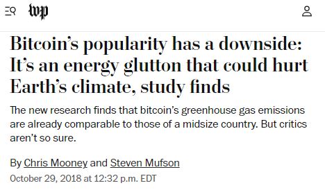 Headline of Washington Post article titled "Bitcoin's popularity has a downside: It's an energy glutton that could hurt Earth's climate, study finds"