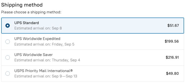 Shipping charge ranges from 52 to 217 US dollars.