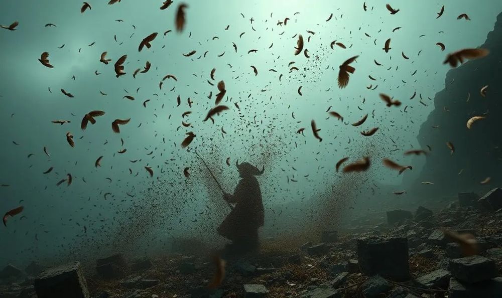 heroic figure in dark image, surrounded by wind-blown feces