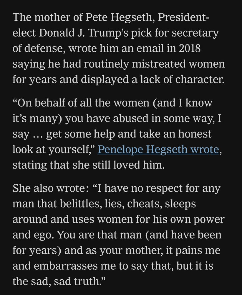 Text if an email sent to Pete Hegseth by his mother. 