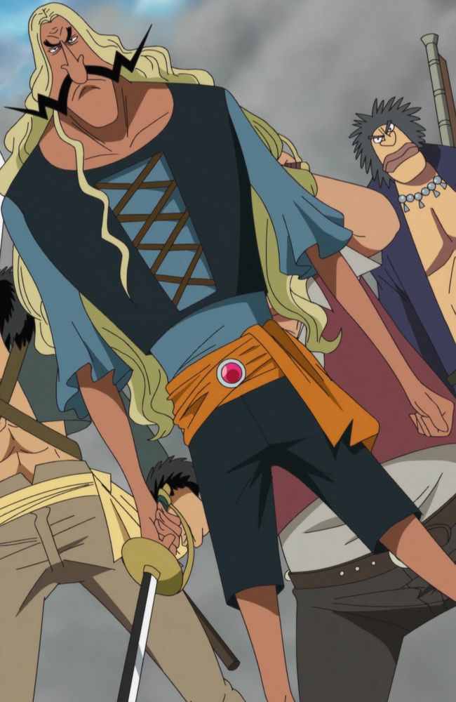 "Thunder Lord" McGuy from One Piece. A tall man with long blonde hair, brown skin, and a Waluigi-esque mustache