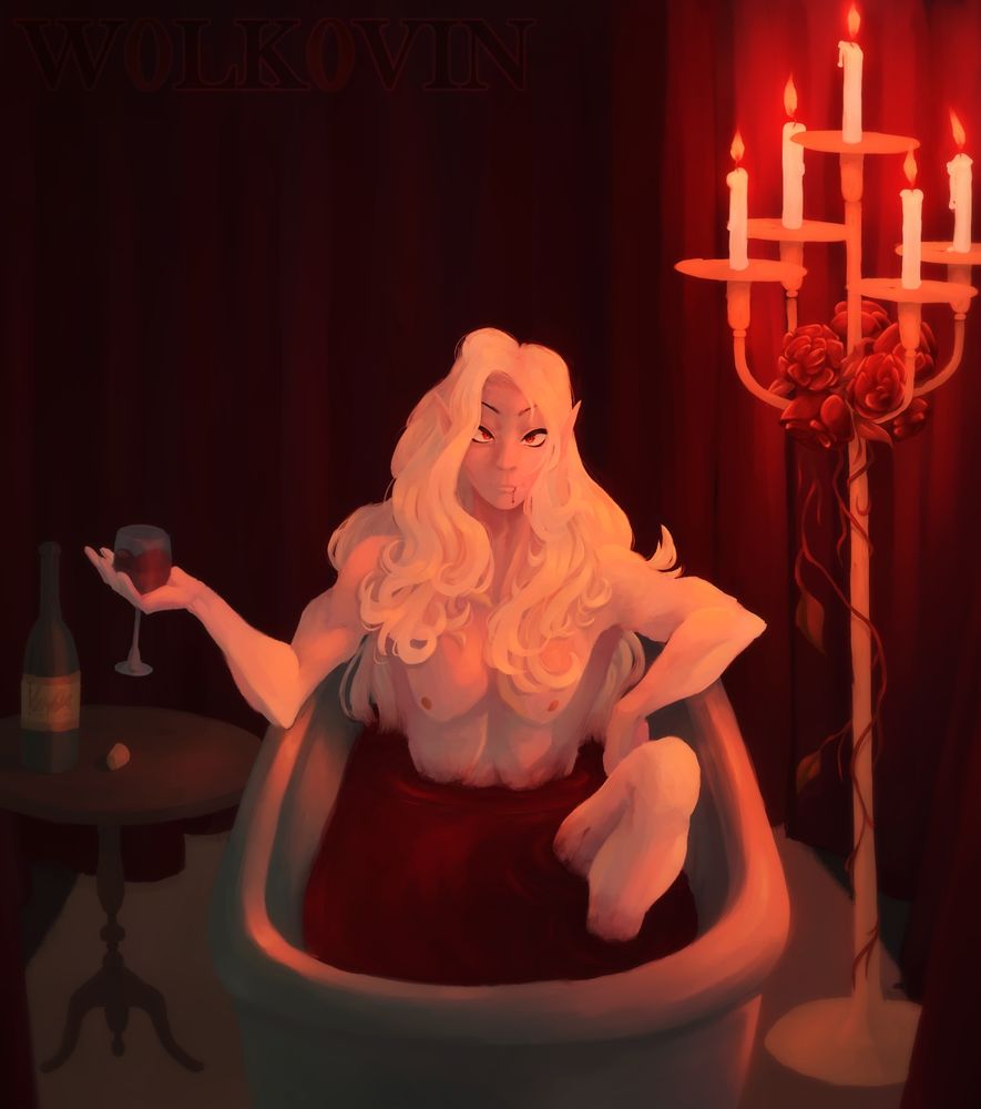 A vampire enjoying a blood bath and some "wine" at the darkest hour.