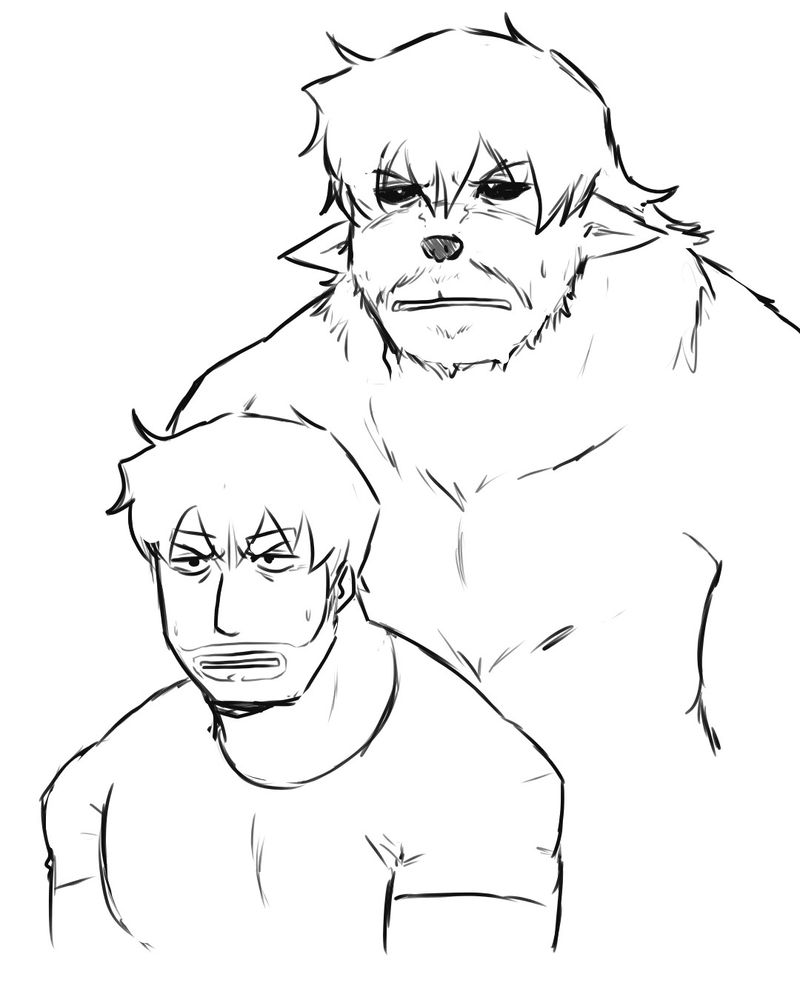 a digital drawing of a muscular man with short hair and a beard looking exasperated at something, with him in his werewolf form making the same expression.