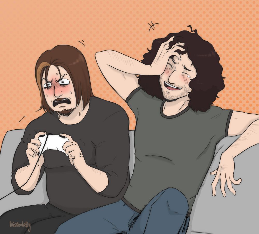 a digital drawing of the game grumps, arin hanson and dan avidan, sitting together on a couch. arin is holding a controller and screaming in frustration, while dan is leaning back and laughing.