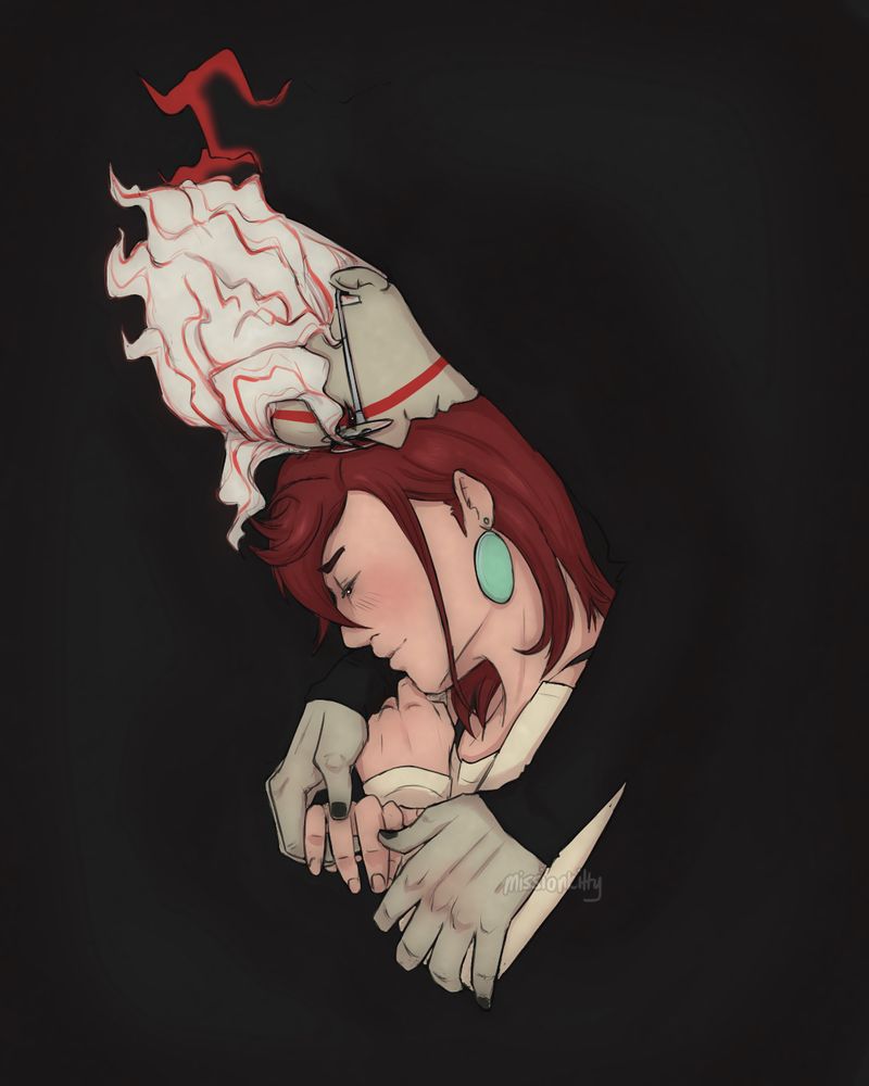 a digital drawing of momo ayase and ken takakura/okarun from the series "dandadan." okarun is curled around momo, holding her close while in his yokai form. momo is smiling, pressed into okarun. they are surroundes by darkness the same color as okarun's jacket.