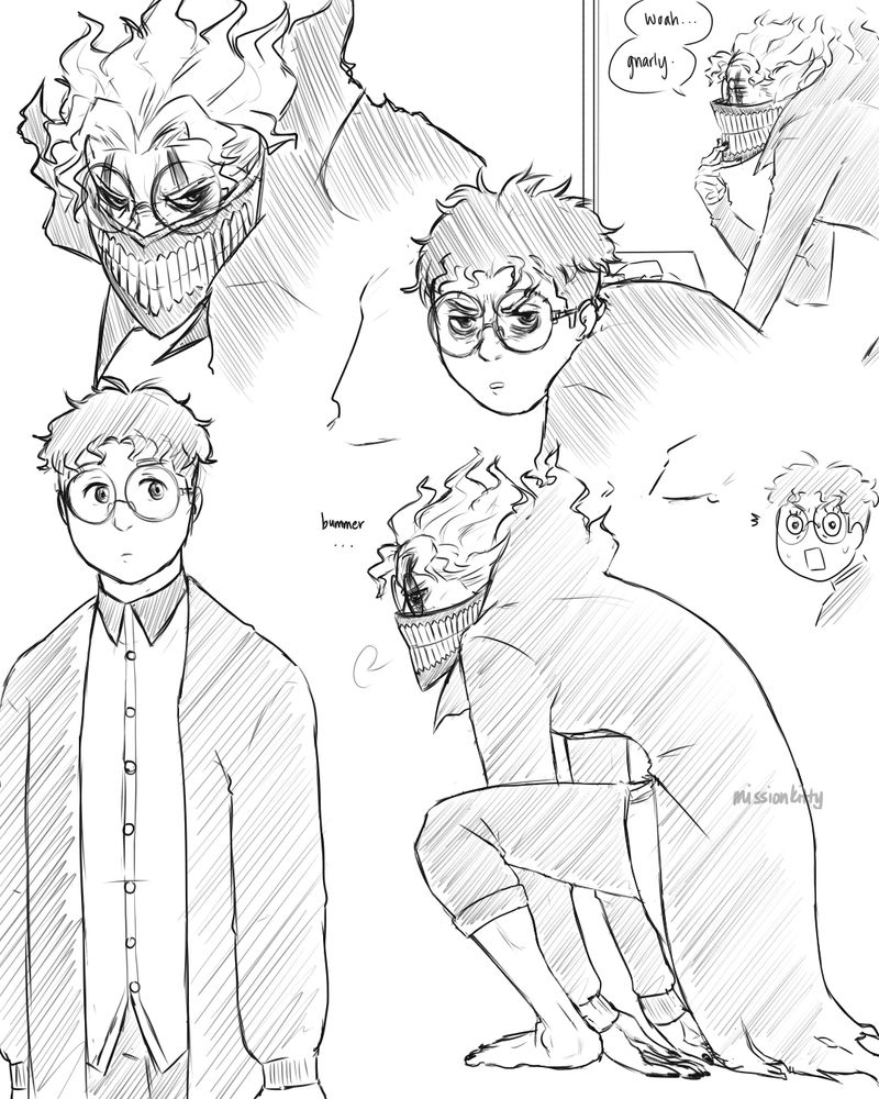 a bunch of drawings of ken takakura/okarun from the series "dandadan" in various poses and outfits, some comparing his human and yokai forms.