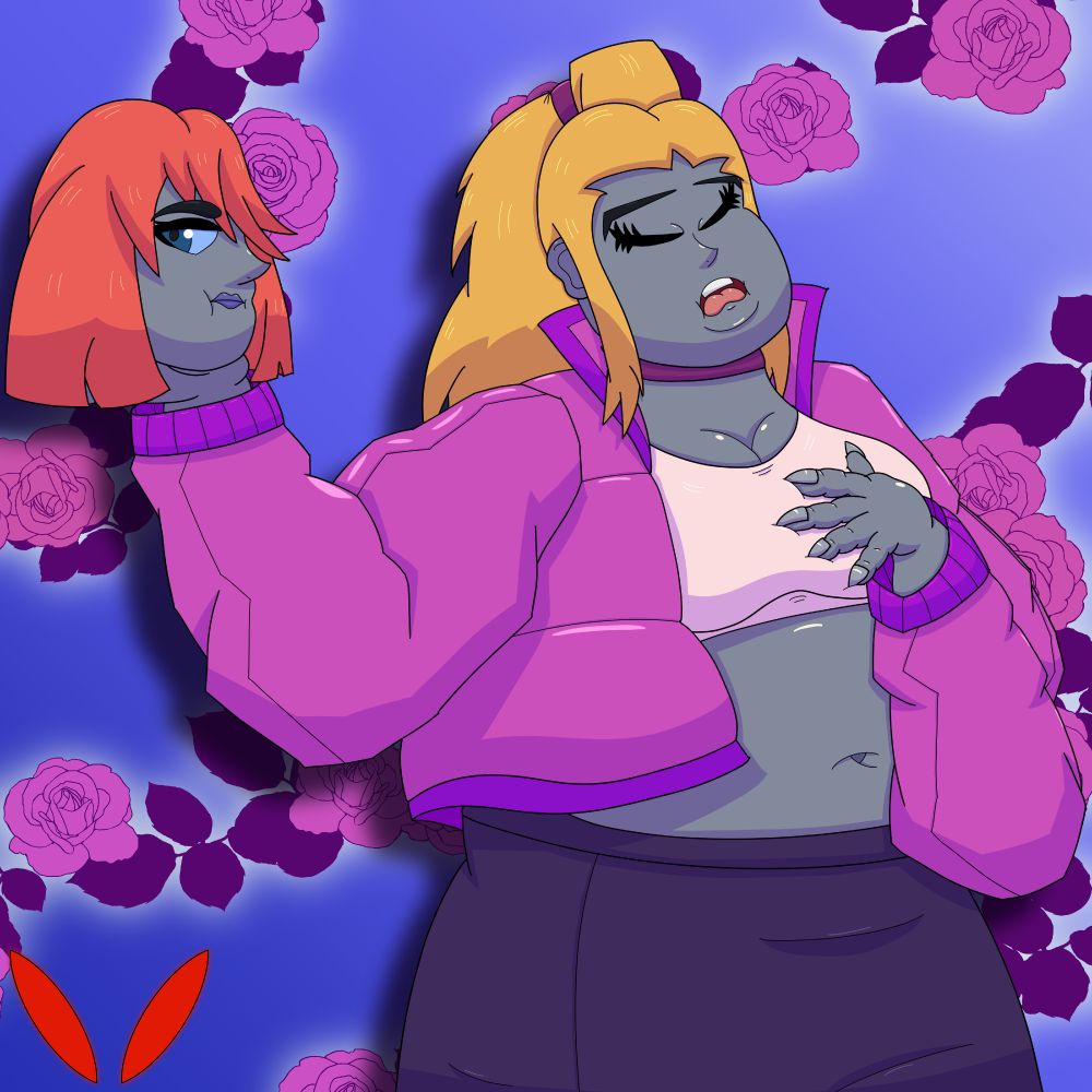 A plump, grey-skinned, blonde Dullahan girl holds up the head of another Dullahan girl, who has orange hair. The first girl is wearing a light pink tank top, a pink jacket, and purple skirt. Her left hand s on her chest, and she is reciting the "Alas, poor Yorick," monologue from "Hamlet."
