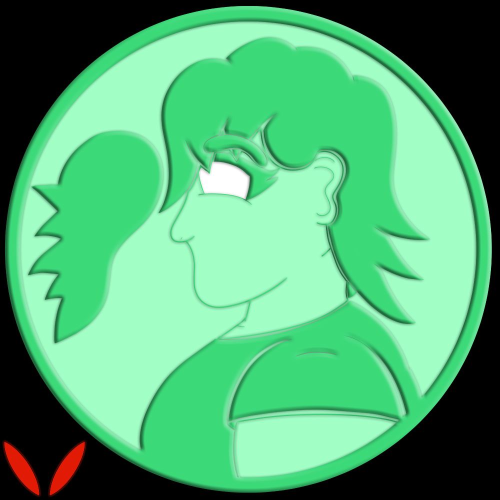 Green token comm of a young woman at a side profile, along with half a heart.